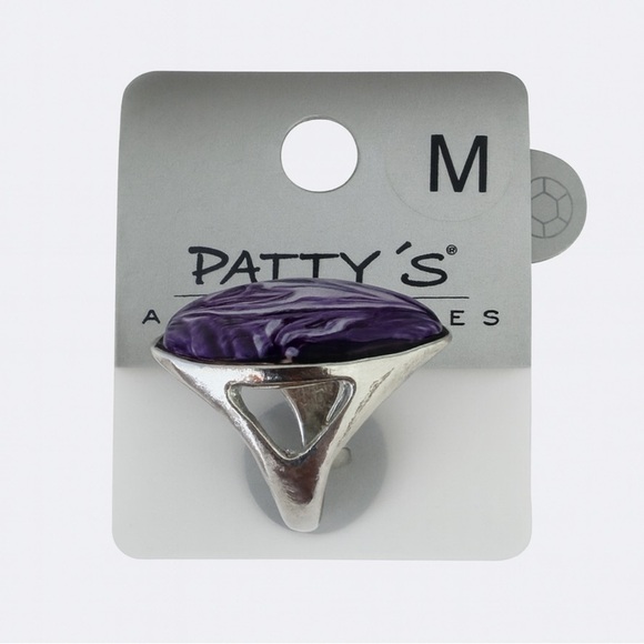 Patty’s Accessories Silver Statement Ring Purple Marbled Oval Stone Size M - Picture 2 of 2